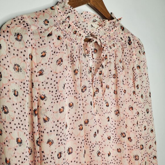 Loft Womens Pink Floral Smocked Blouse And Tank Size M Petite Round Ruffle Neck - Picture 2 of 9